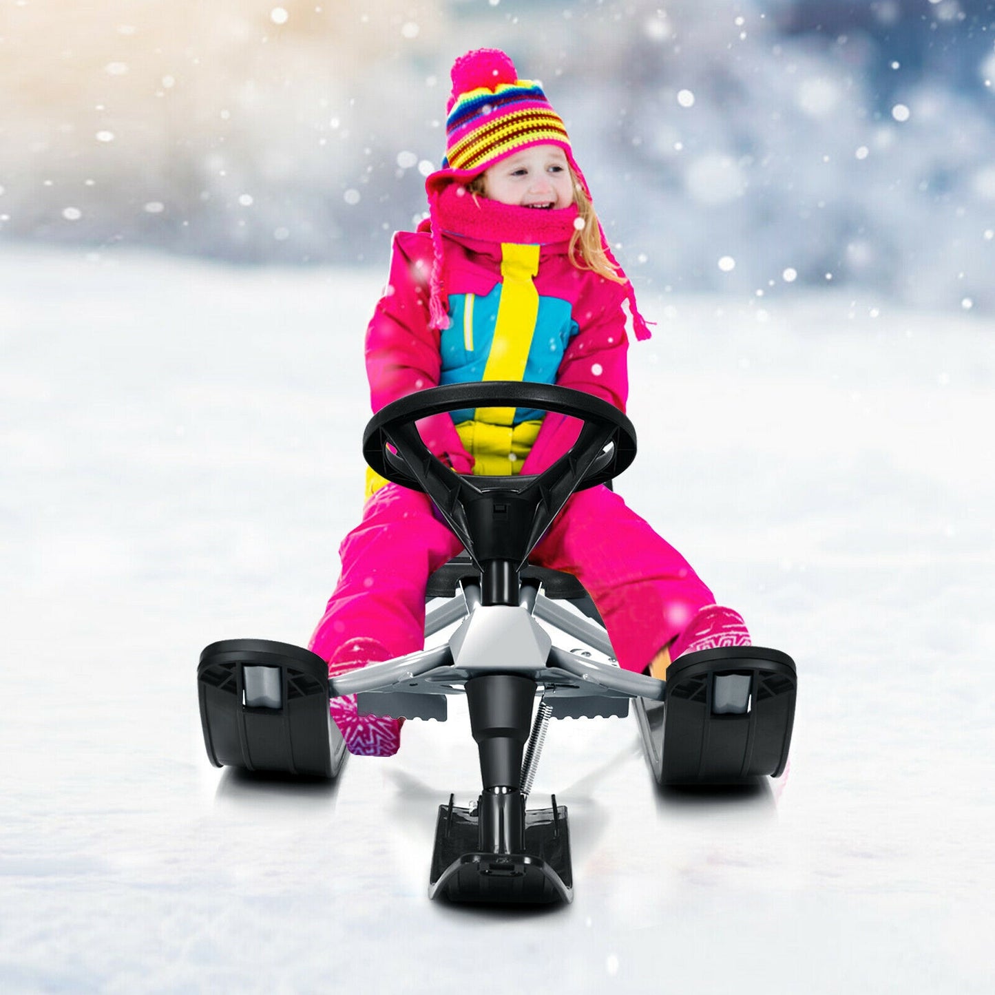Kids Snow Sled with Steering Wheel and Double Brakes Pull Rope-Black Kids Crystal