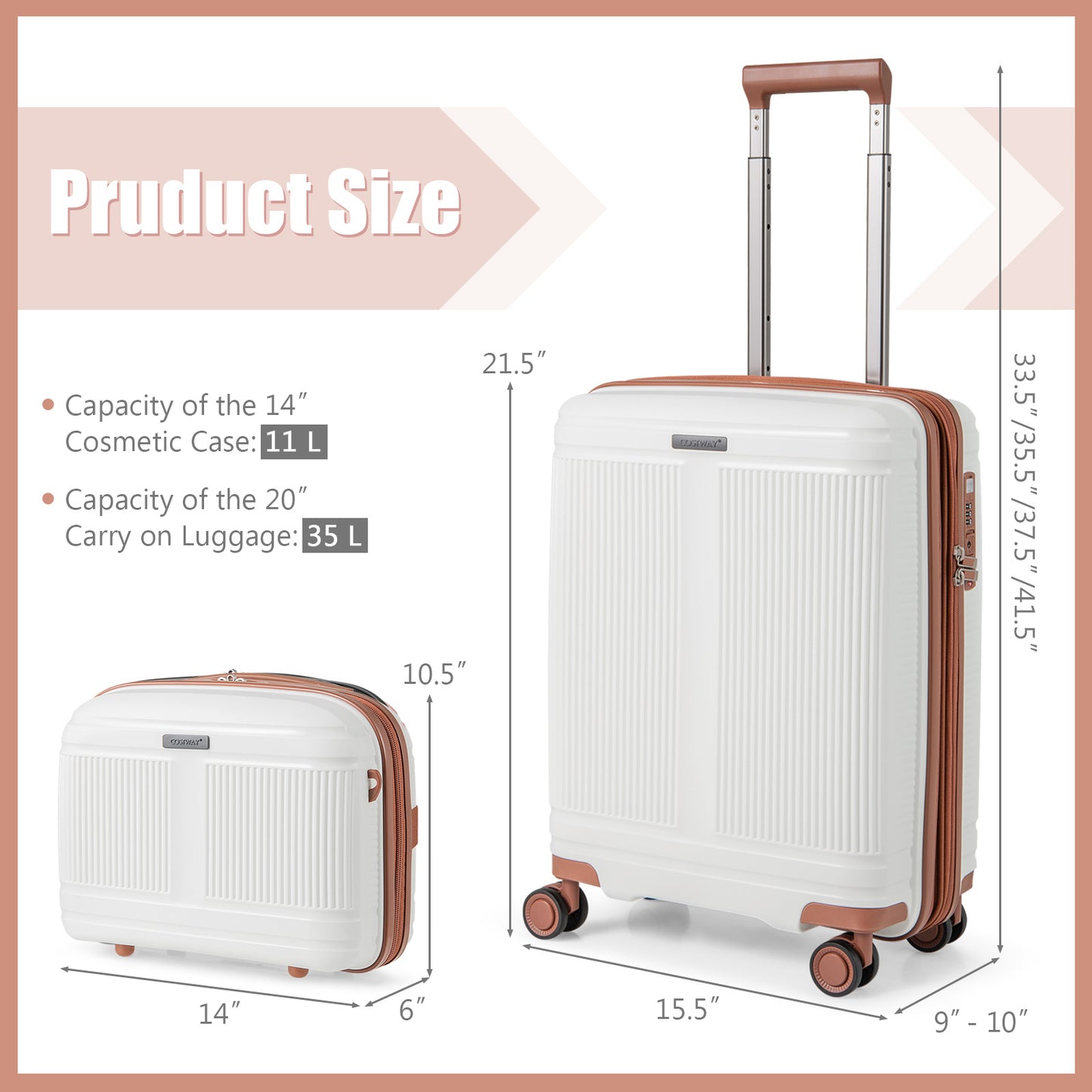 2-Piece Luggage Set 20 Inch Carry-on Suitcase and 14 Inch Cosmetic Case-White Kids Crystal