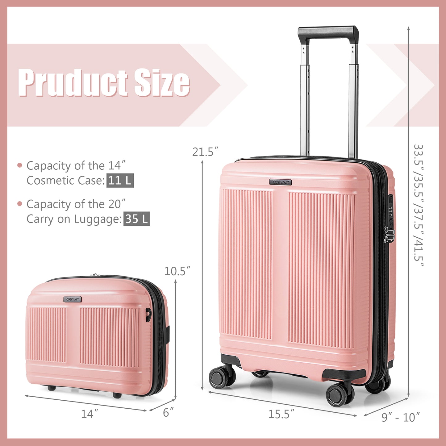 2-Piece Luggage Set 20 Inch Carry-on Suitcase and 14 Inch Cosmetic Case-Pink Kids Crystal