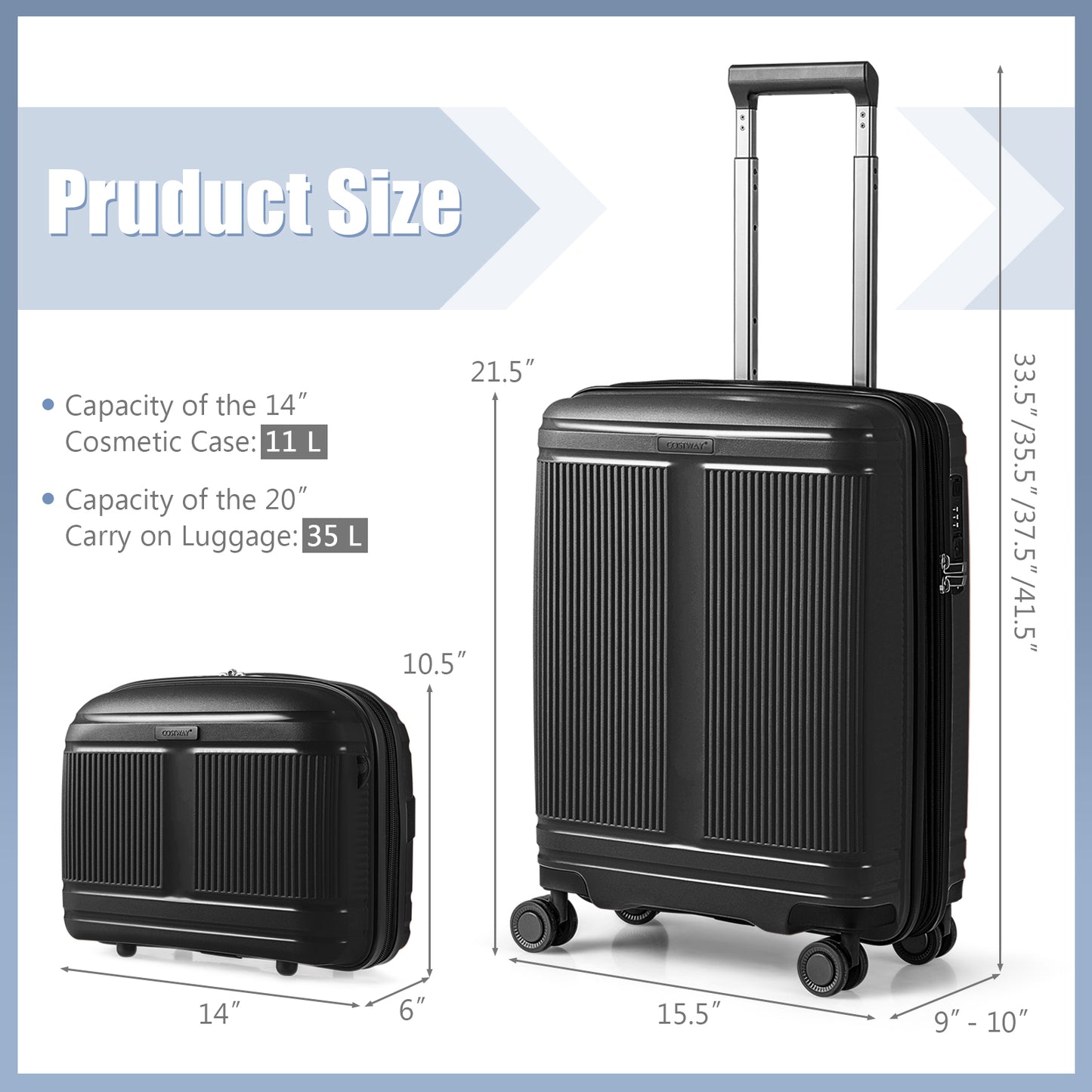 2-Piece Luggage Set 20 Inch Carry-on Suitcase and 14 Inch Cosmetic Case-Black Kids Crystal