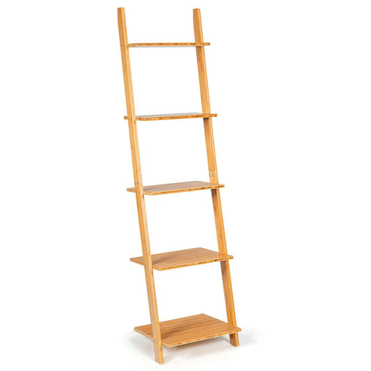 5-Tier Ladder Shelf Modern Bamboo Leaning Bookshelf Ladder Bookcase Kids Crystal