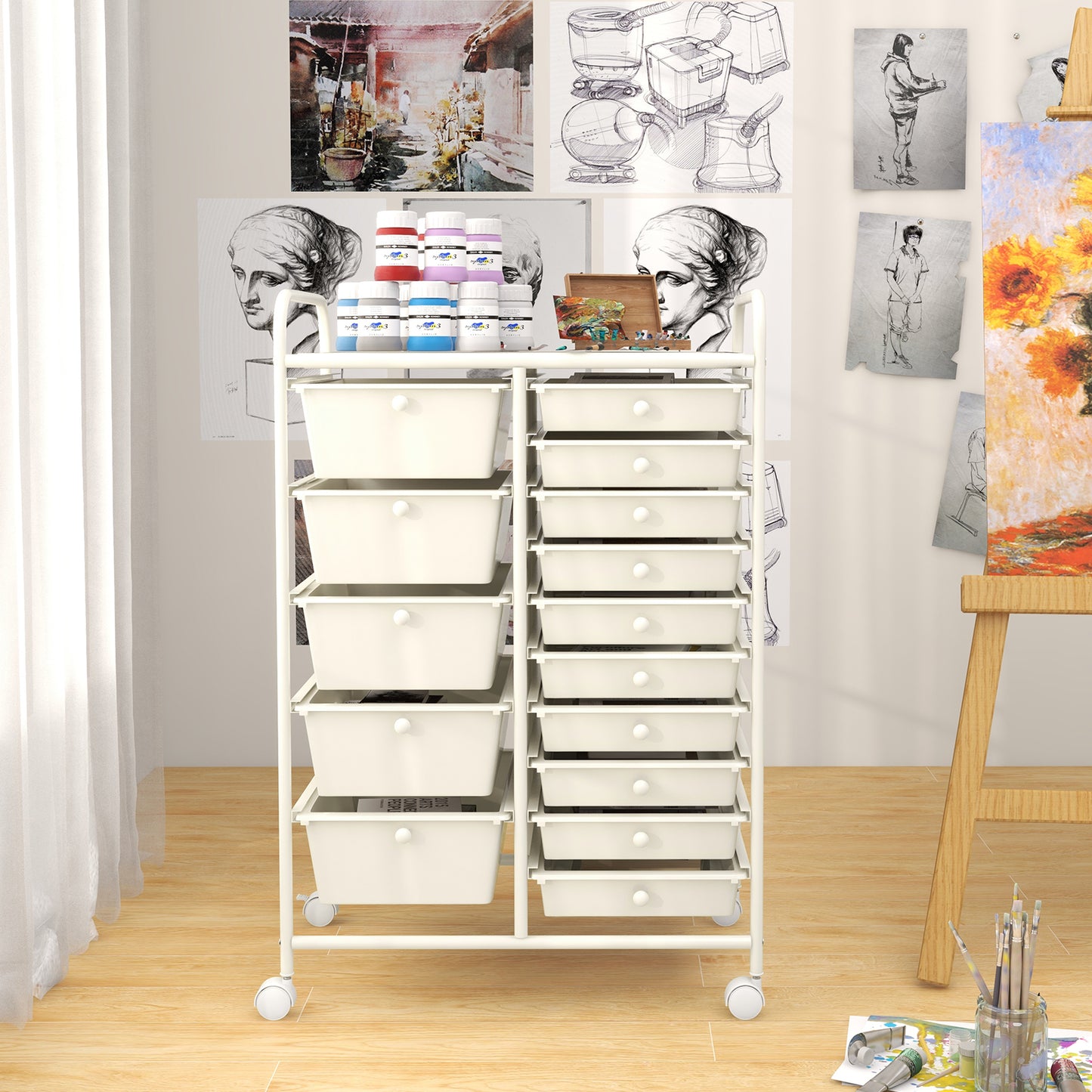 15-Drawer Utility Rolling Organizer Cart Multi-Use Storage-White Kids Crystal