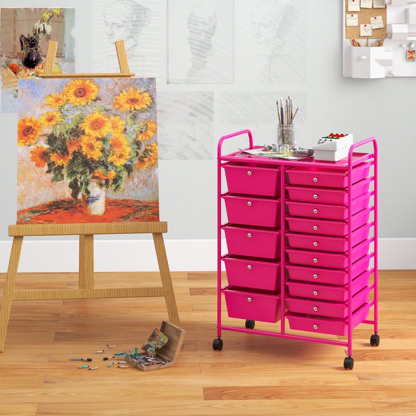 15-Drawer Utility Rolling Organizer Cart MultiUse Storage-Pink Kids Crystal