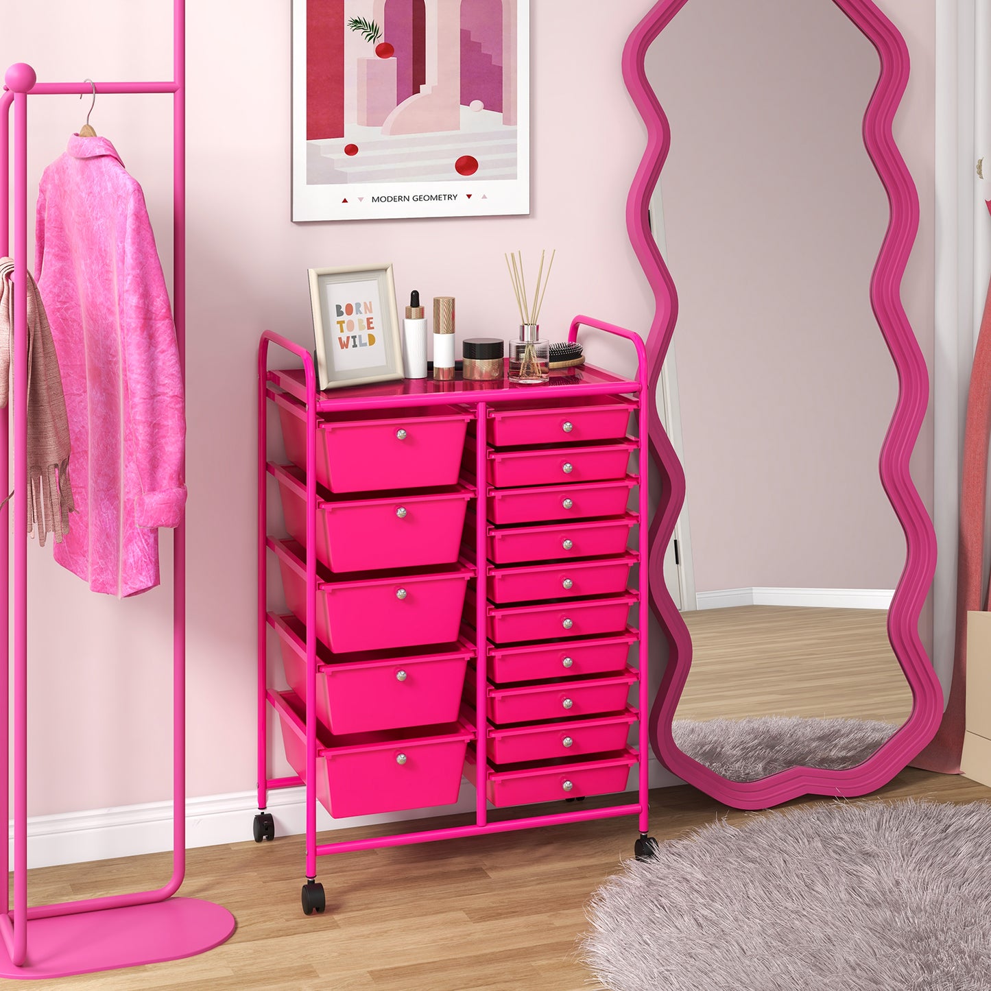 15-Drawer Utility Rolling Organizer Cart MultiUse Storage-Pink Kids Crystal
