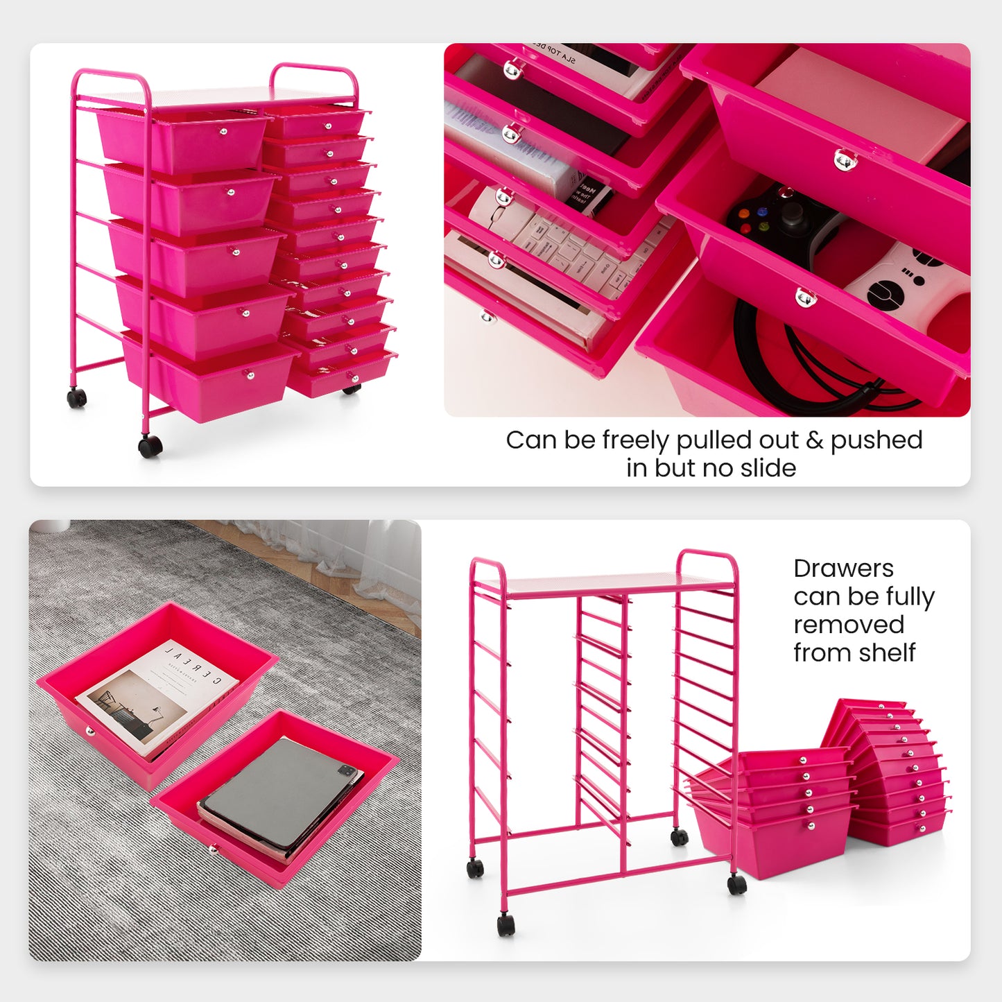 15-Drawer Utility Rolling Organizer Cart MultiUse Storage-Pink Kids Crystal