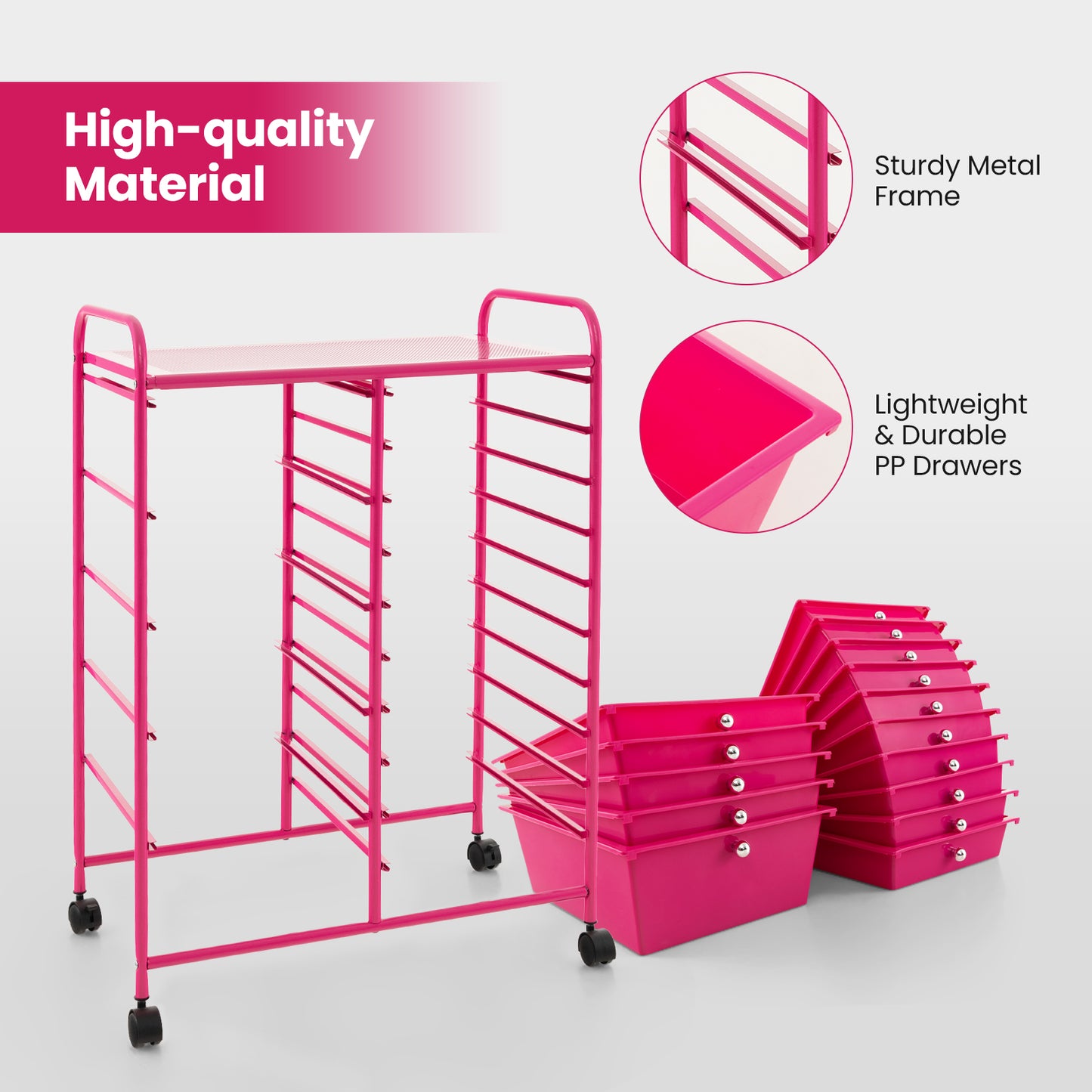 15-Drawer Utility Rolling Organizer Cart MultiUse Storage-Pink Kids Crystal