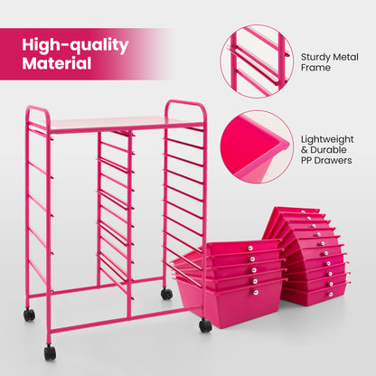 15-Drawer Utility Rolling Organizer Cart MultiUse Storage-Pink
