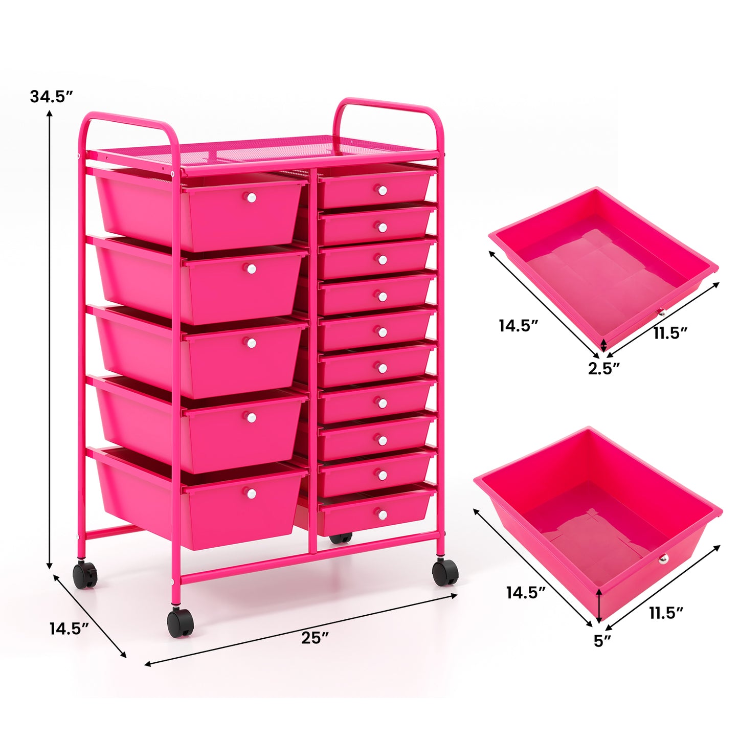 15-Drawer Utility Rolling Organizer Cart MultiUse Storage-Pink Kids Crystal