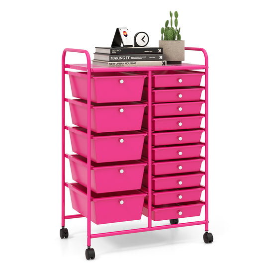 15-Drawer Utility Rolling Organizer Cart MultiUse Storage-Pink Kids Crystal