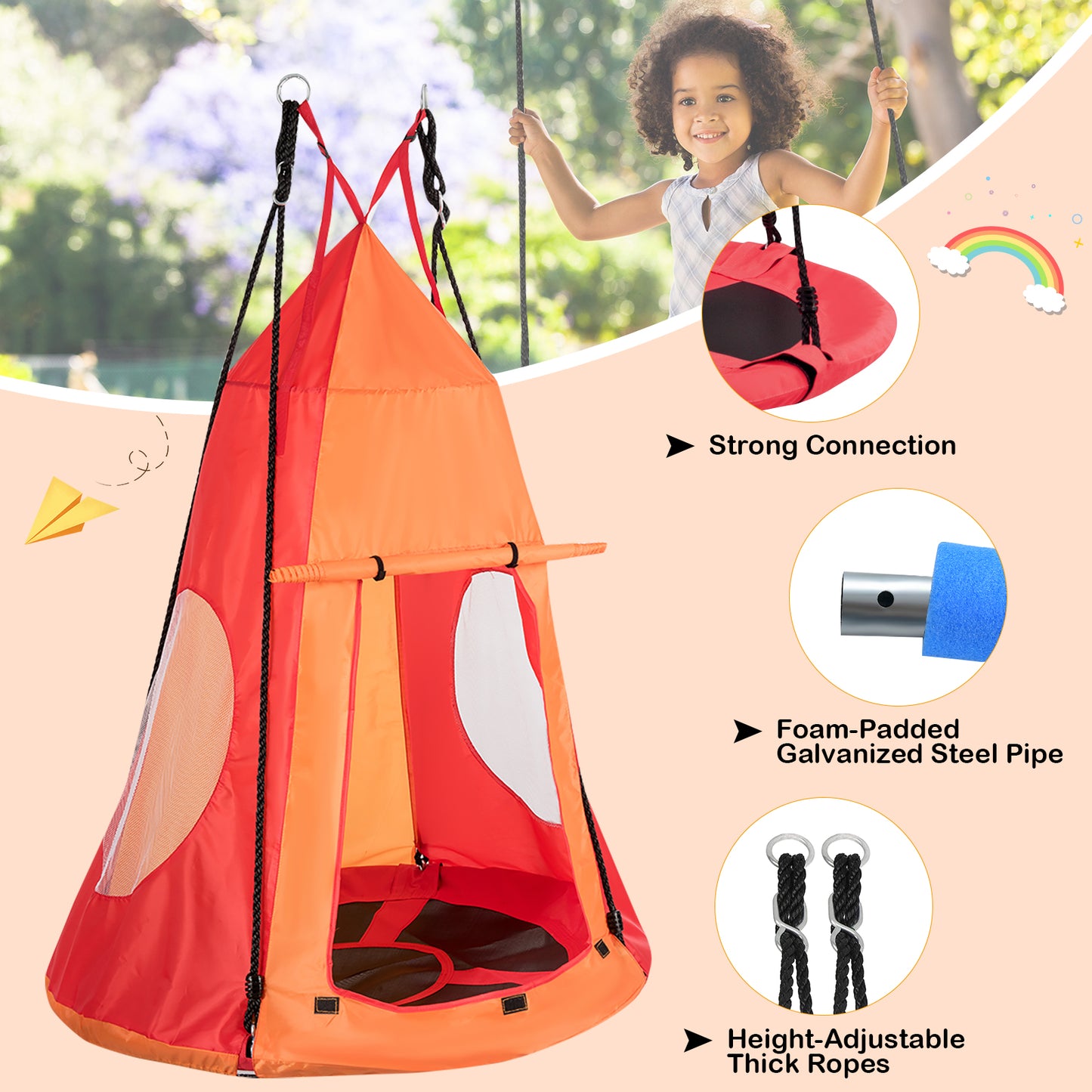 2-in-1 40 Inch Kids Hanging Chair Detachable Swing Tent Set-Orange Kids Crystal