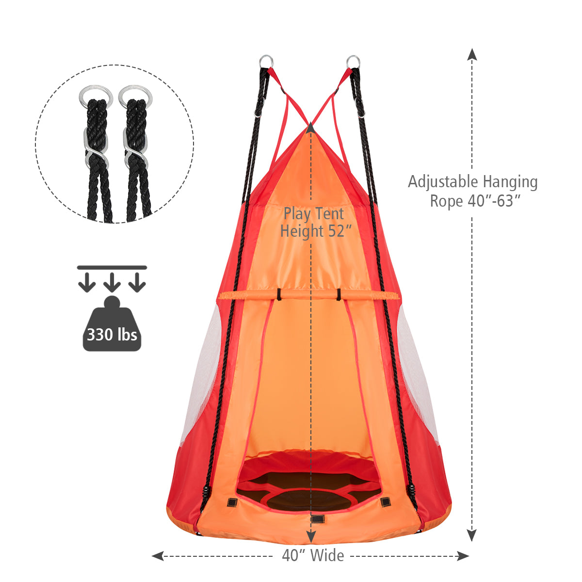 2-in-1 40 Inch Kids Hanging Chair Detachable Swing Tent Set-Orange Kids Crystal