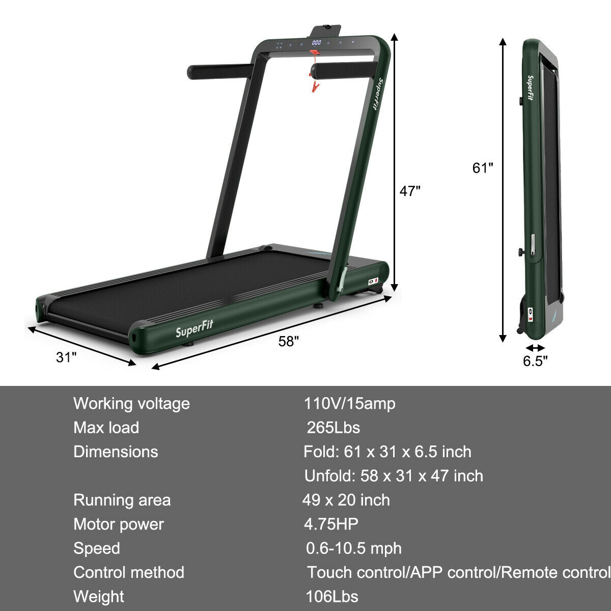 4.75HP 2 In 1 Folding Treadmill with Remote APP Control-Green Kids Crystal