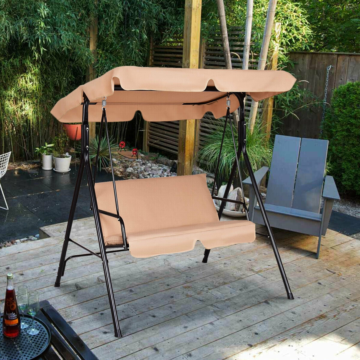 Loveseat Cushioned Patio Steel Frame Swing Glider -Beige Kids Crystal