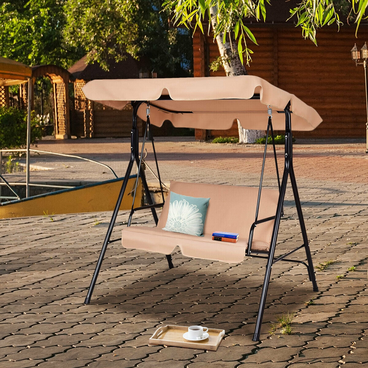Loveseat Cushioned Patio Steel Frame Swing Glider -Beige Kids Crystal
