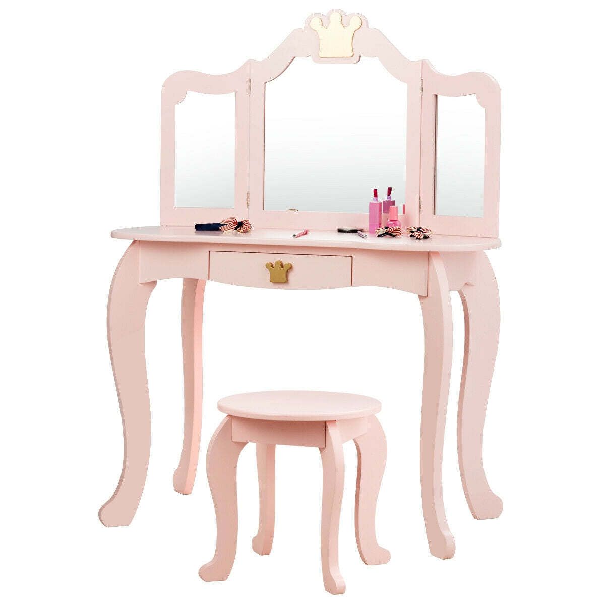 Kids Makeup Dressing Table with Tri-folding Mirror and Stool-Pink Kids Crystal
