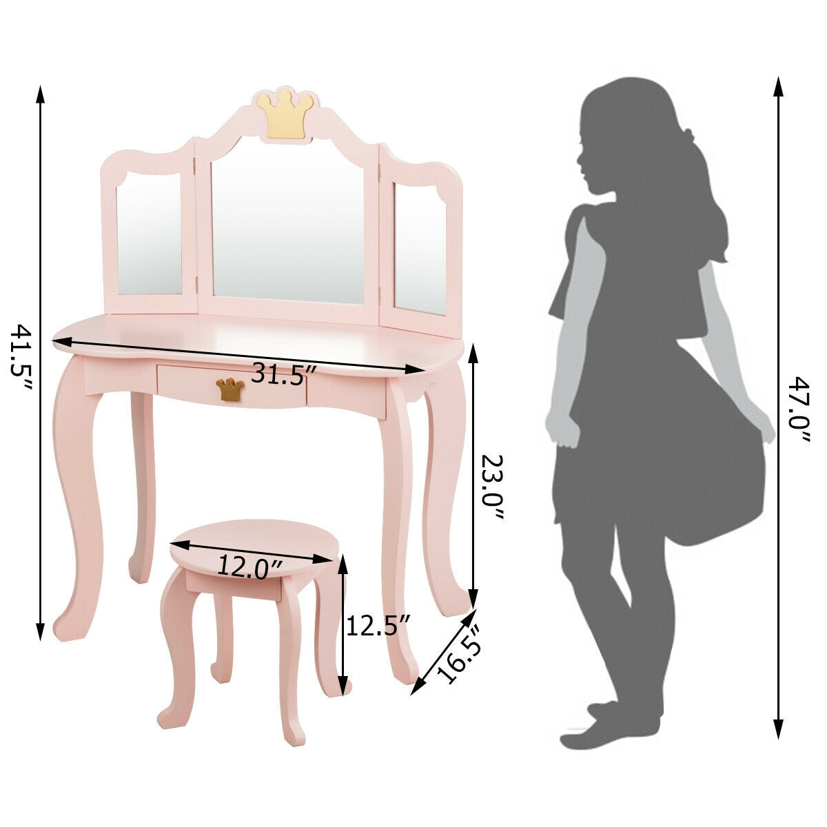 Kids Makeup Dressing Table with Tri-folding Mirror and Stool-Pink Kids Crystal