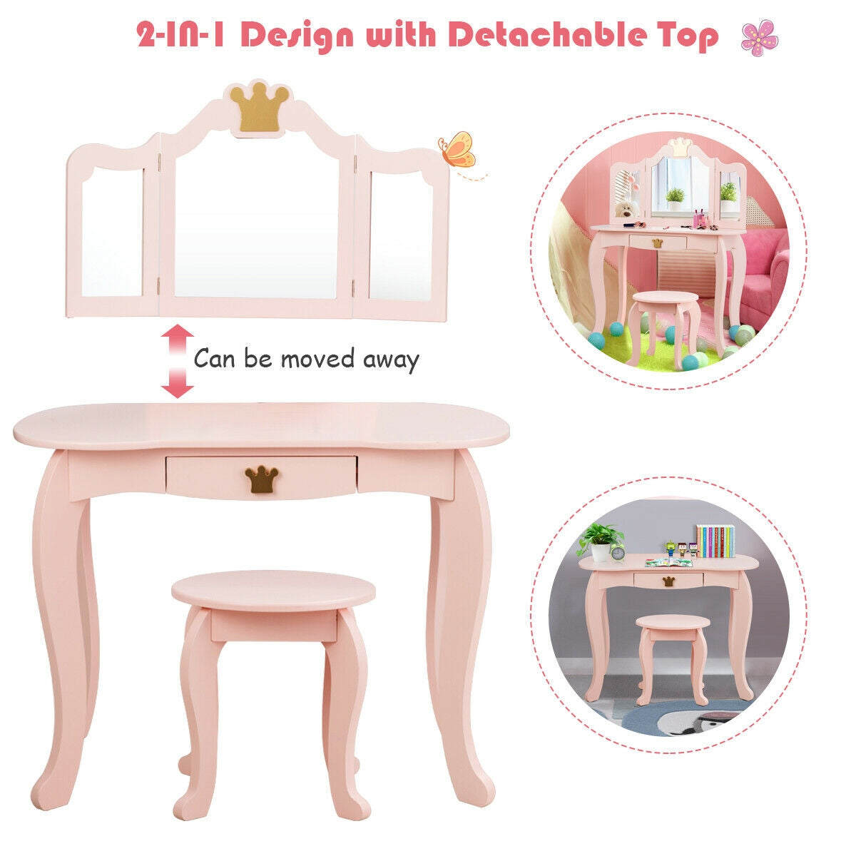 Kids Makeup Dressing Table with Tri-folding Mirror and Stool-Pink Kids Crystal