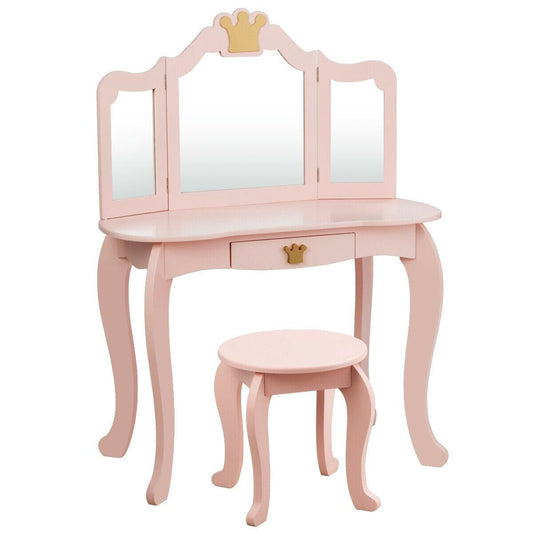 Kids Makeup Dressing Table with Tri-folding Mirror and Stool-Pink Kids Crystal