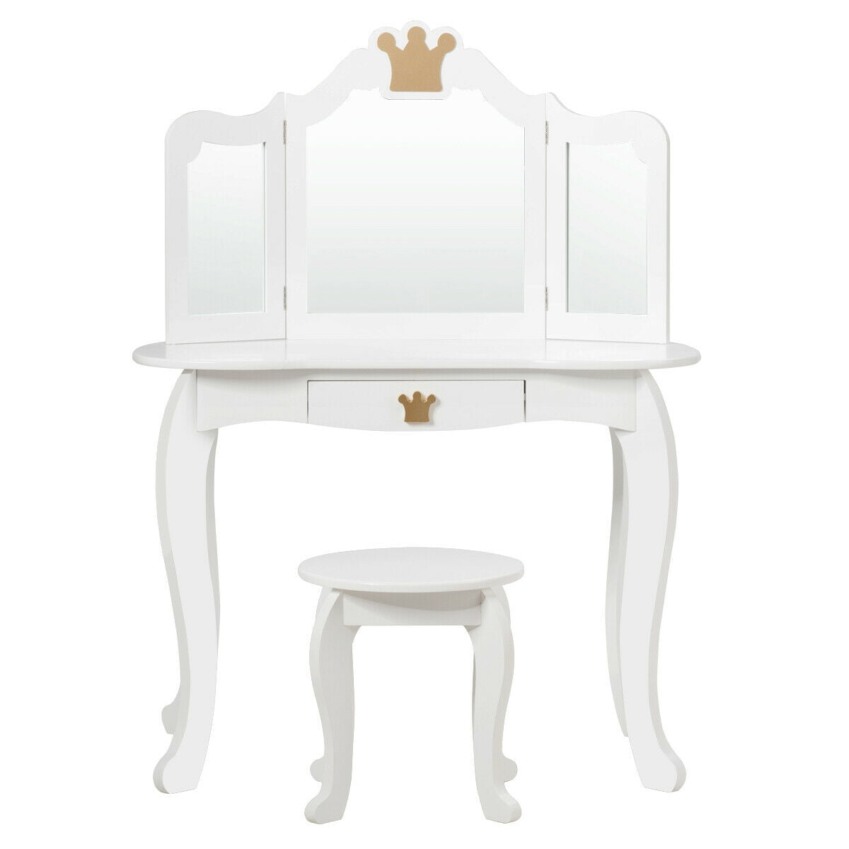 Kids Makeup Dressing Table with Tri-folding Mirror and Stool-White Kids Crystal