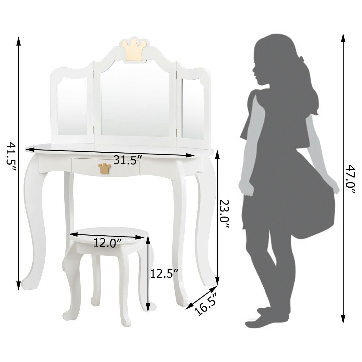 Kids Makeup Dressing Table with Tri-folding Mirror and Stool-White Kids Crystal
