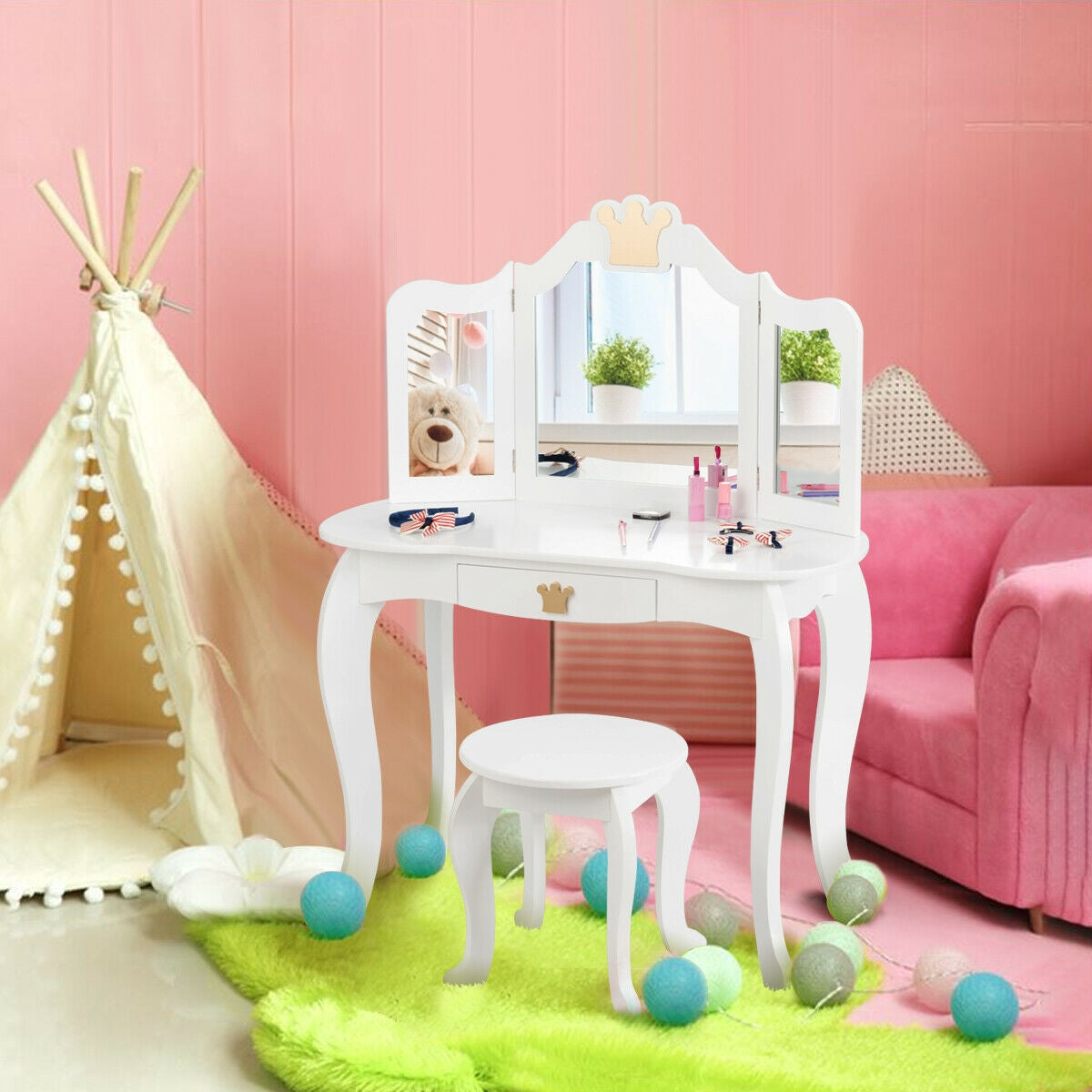 Kids Makeup Dressing Table with Tri-folding Mirror and Stool-White Kids Crystal