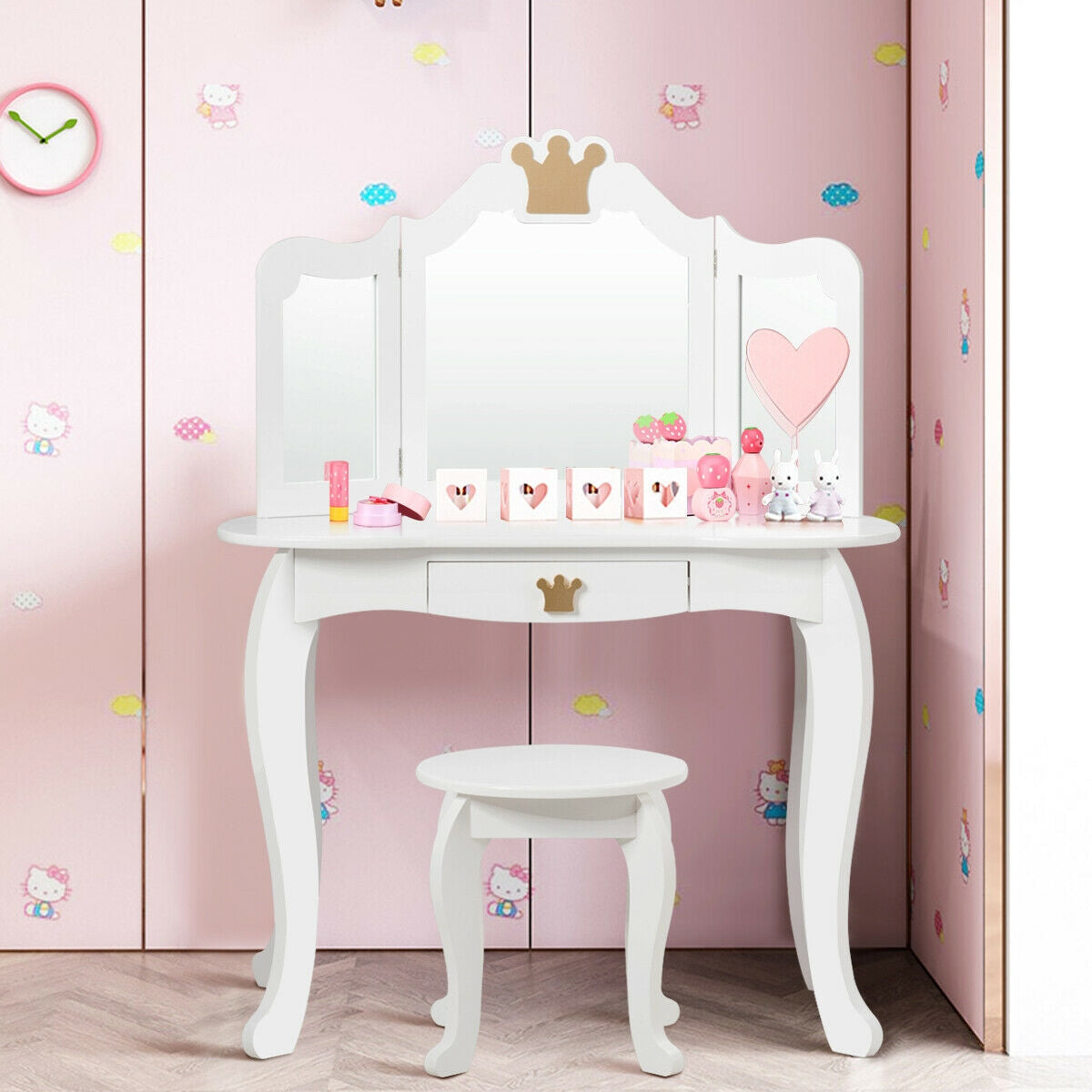 Kids Makeup Dressing Table with Tri-folding Mirror and Stool-White Kids Crystal
