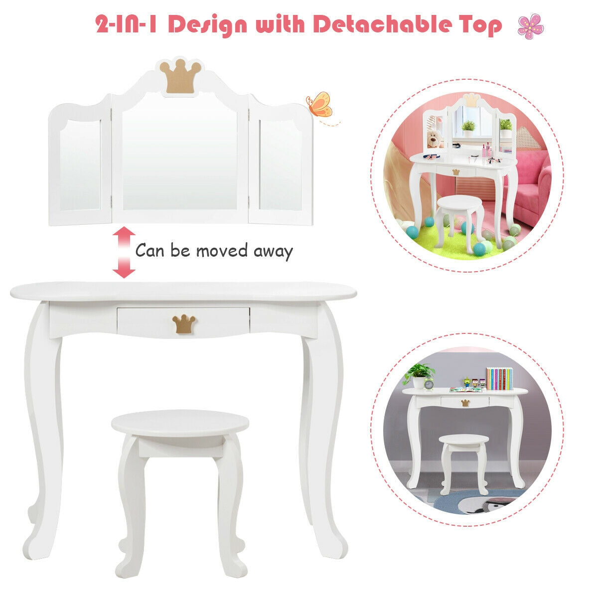 Kids Makeup Dressing Table with Tri-folding Mirror and Stool-White Kids Crystal