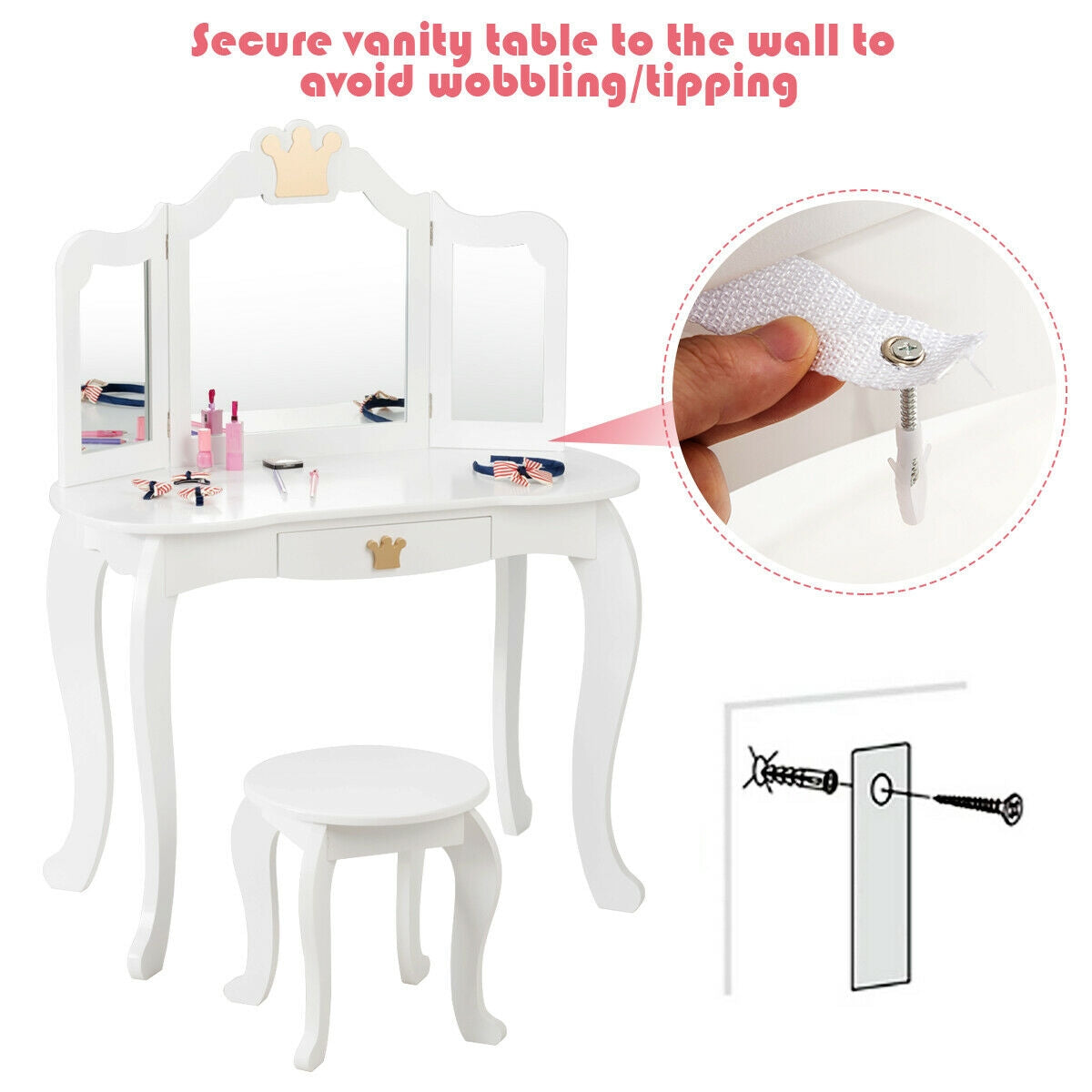 Kids Makeup Dressing Table with Tri-folding Mirror and Stool-White Kids Crystal