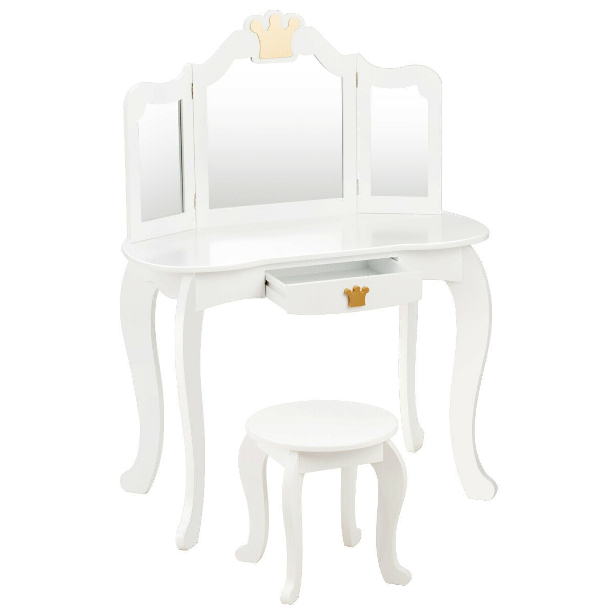 Kids Makeup Dressing Table with Tri-folding Mirror and Stool-White Kids Crystal