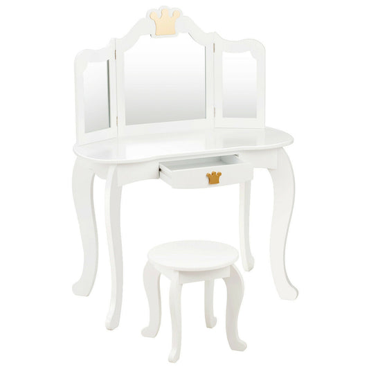 Kids Makeup Dressing Table with Tri-folding Mirror and Stool-White Kids Crystal
