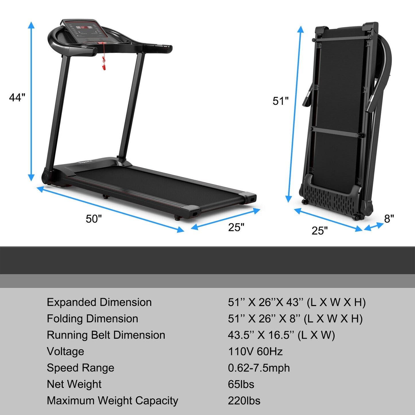 2.25HP Electric Folding Treadmill with HD LED Display and APP Control Speaker Kids Crystal
