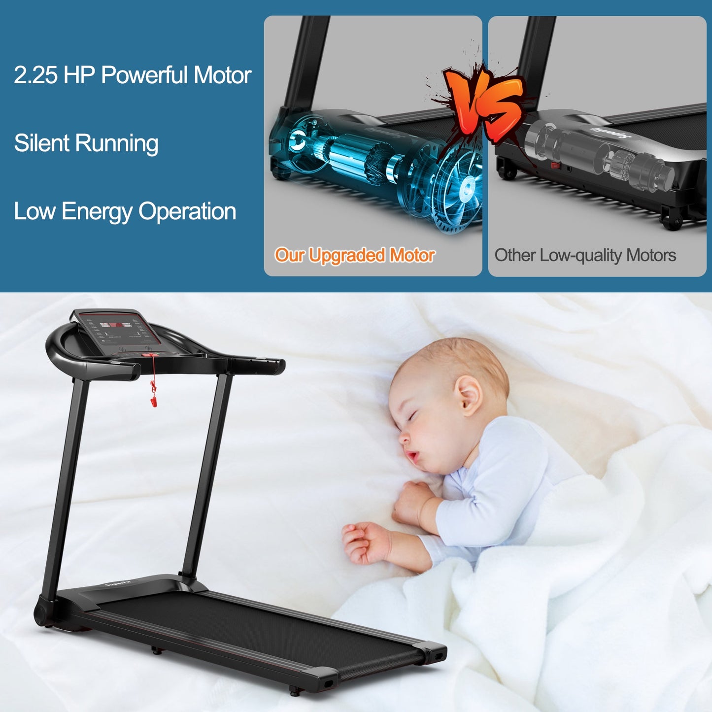 2.25HP Electric Folding Treadmill with HD LED Display and APP Control Speaker Kids Crystal