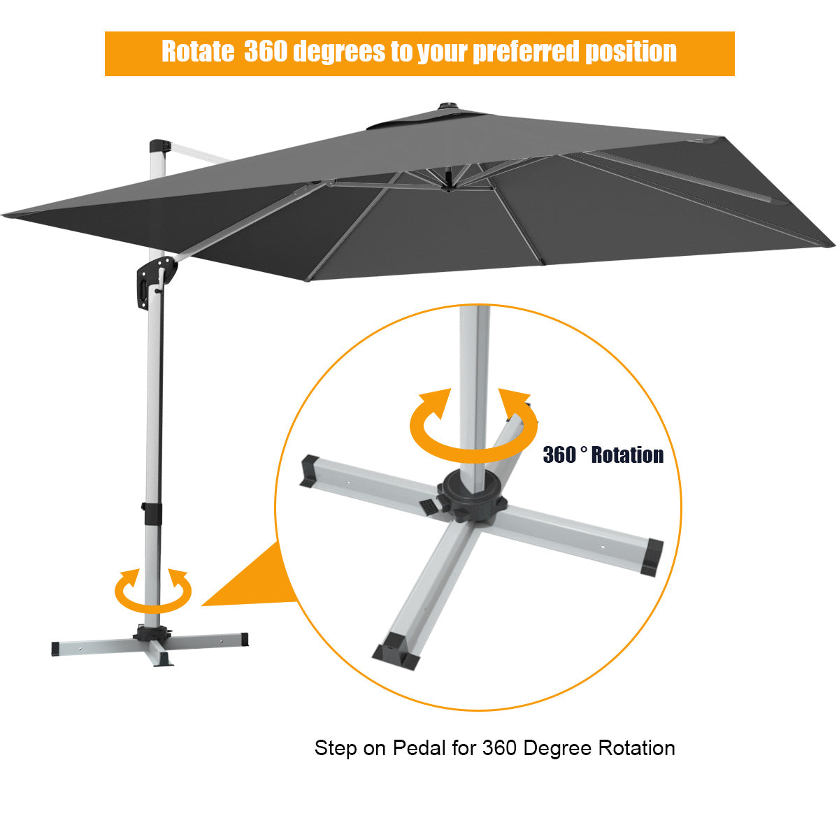 10 Feet 360° Tilt Aluminum Square Patio Umbrella without Weight Base-Gray Kids Crystal
