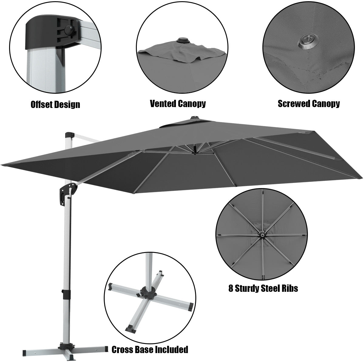 10 Feet 360° Tilt Aluminum Square Patio Umbrella without Weight Base-Gray Kids Crystal