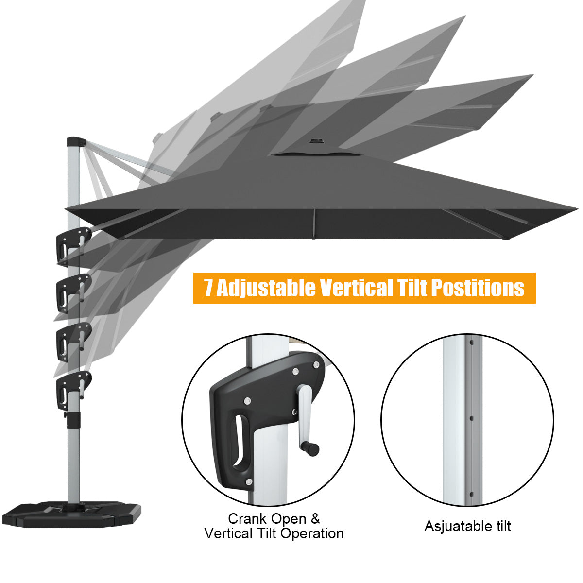 10 Feet 360° Tilt Aluminum Square Patio Umbrella without Weight Base-Gray Kids Crystal