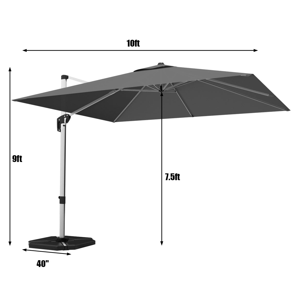 10 Feet 360° Tilt Aluminum Square Patio Umbrella without Weight Base-Gray Kids Crystal