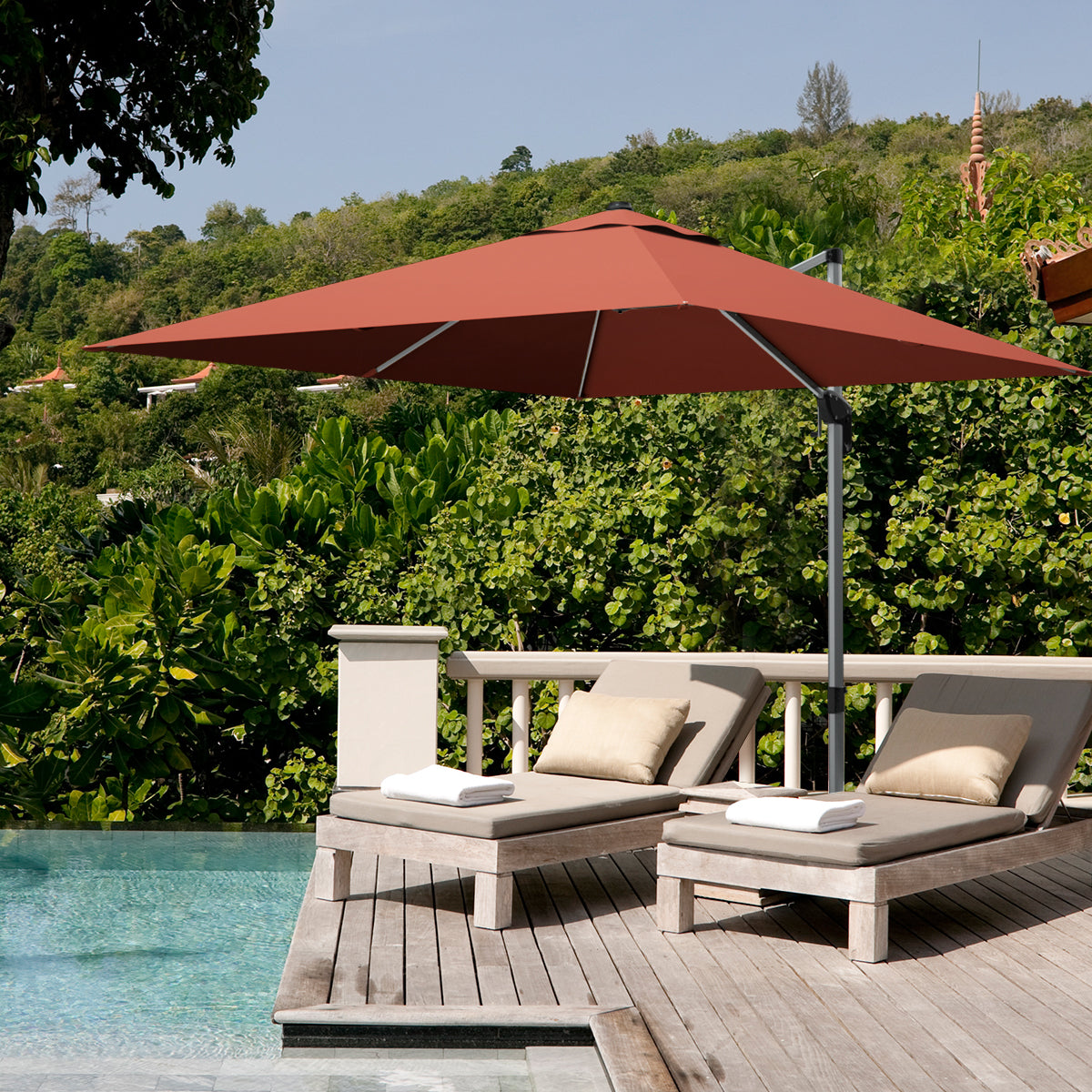 10 ft 360 Degree Tilt Aluminum Square Patio Offset Cantilever Umbrella without Weight Base-Brick red Kids Crystal