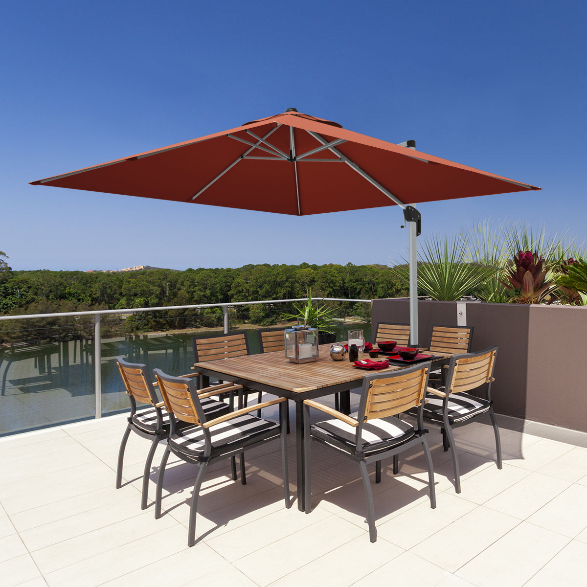 10 ft 360 Degree Tilt Aluminum Square Patio Offset Cantilever Umbrella without Weight Base-Brick red Kids Crystal