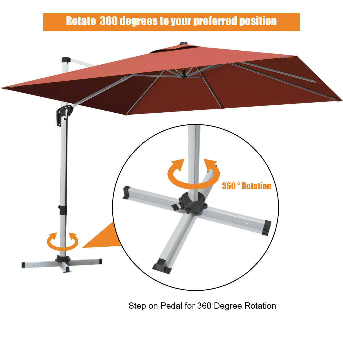 10 ft 360 Degree Tilt Aluminum Square Patio Offset Cantilever Umbrella without Weight Base-Brick red Kids Crystal