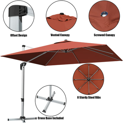 10 ft 360 Degree Tilt Aluminum Square Patio Offset Cantilever Umbrella without Weight Base-Brick red