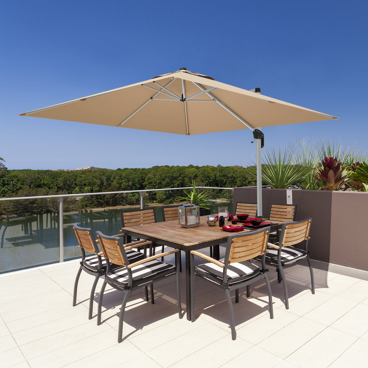 10 ft 360 Degree Tilt Aluminum Square Patio Offset Cantilever Umbrella without Weight Base-Beige Kids Crystal