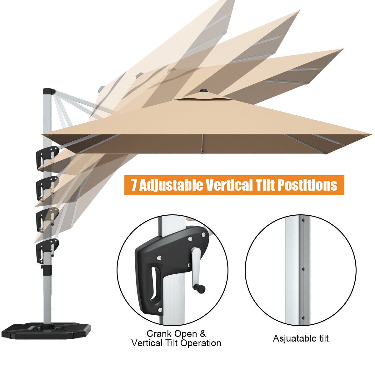 10 ft 360 Degree Tilt Aluminum Square Patio Offset Cantilever Umbrella without Weight Base-Beige Kids Crystal