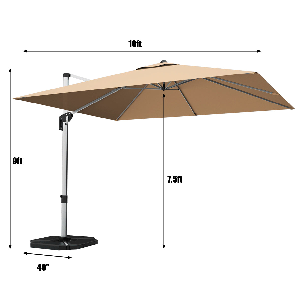 10 ft 360 Degree Tilt Aluminum Square Patio Offset Cantilever Umbrella without Weight Base-Beige Kids Crystal