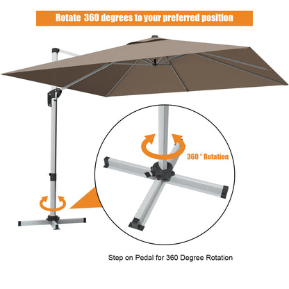 10 ft 360 Degree Tilt Aluminum Square Patio Offset Cantilever Umbrella without Weight Base-Tan