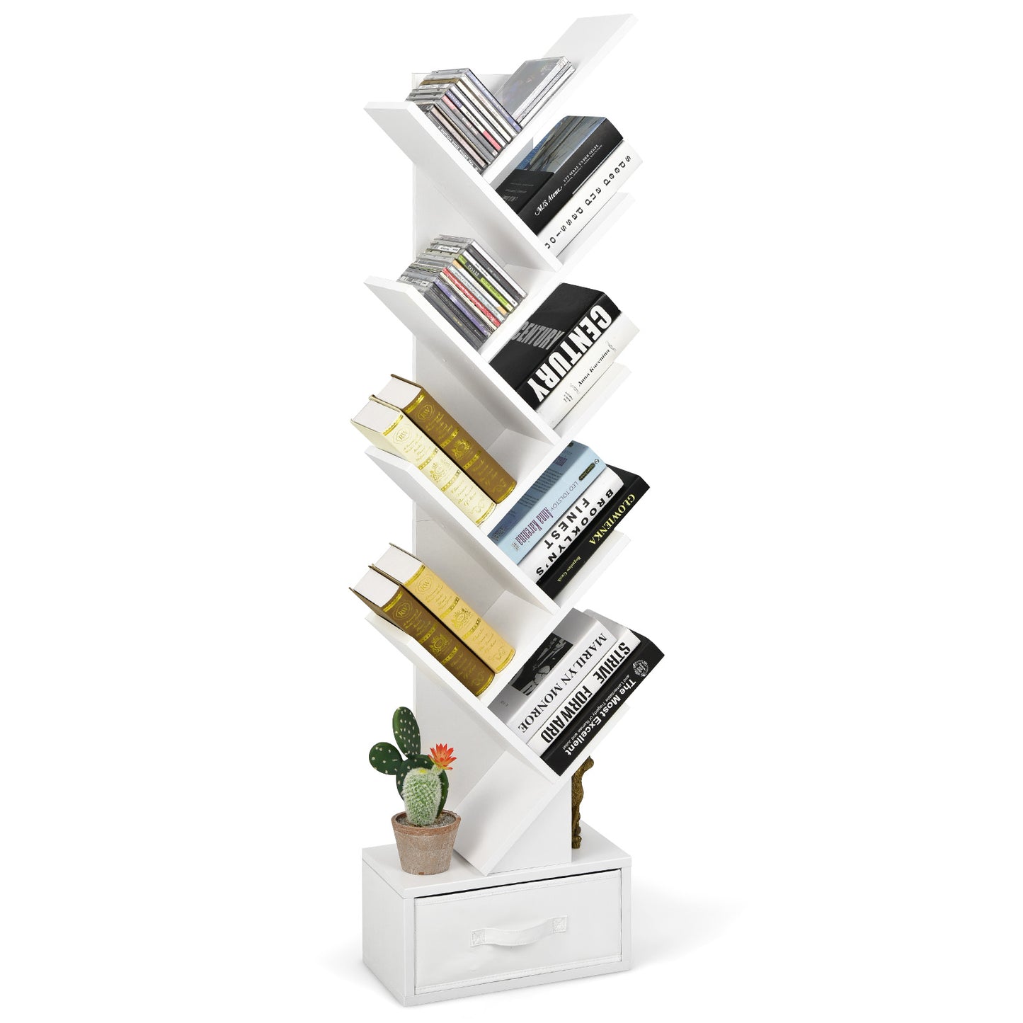 10-Tier Tree Bookshelf with Drawer Free-standing Storage Bookcase-White Kids Crystal