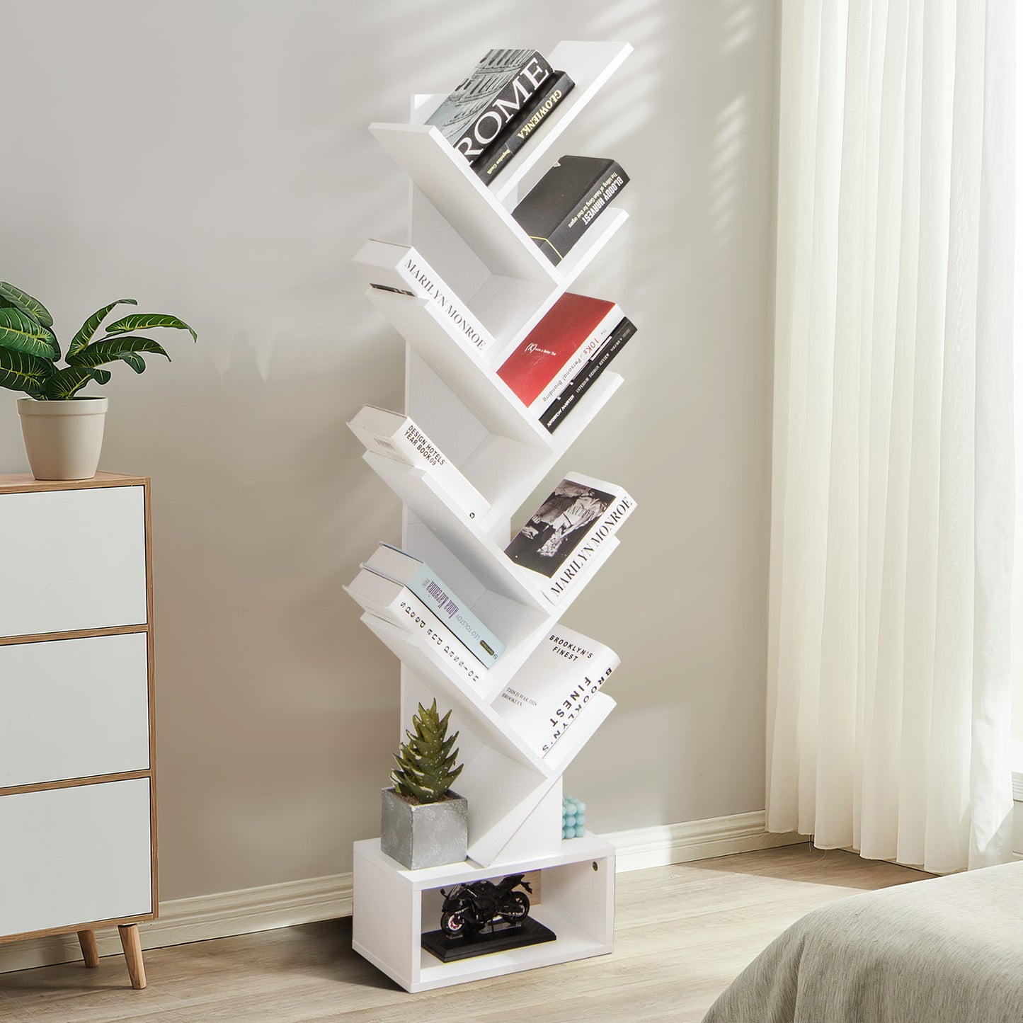 10-Tier Tree Bookshelf with Drawer Free-standing Storage Bookcase-White Kids Crystal