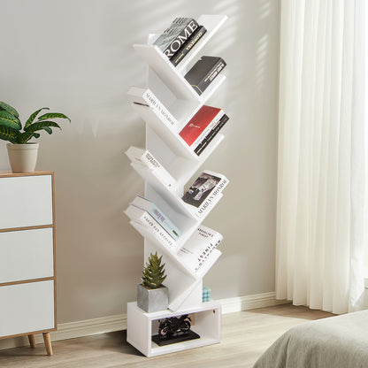 10-Tier Tree Bookshelf with Drawer Free-standing Storage Bookcase-White