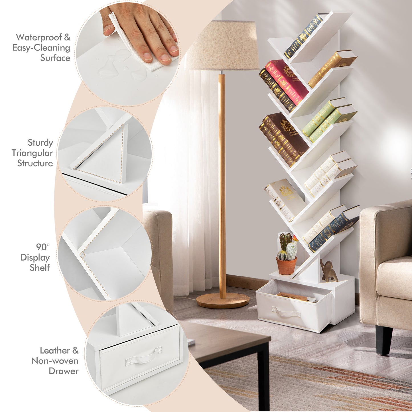 10-Tier Tree Bookshelf with Drawer Free-standing Storage Bookcase-White Kids Crystal