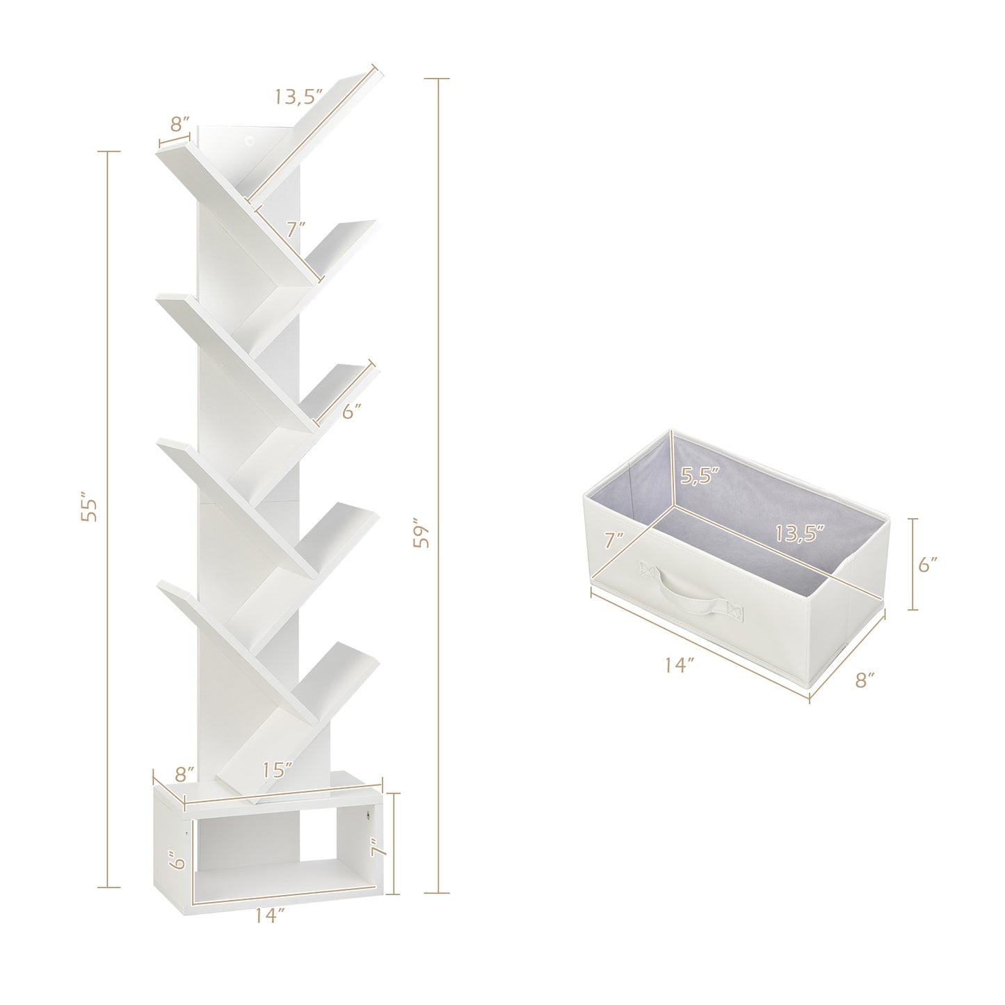 10-Tier Tree Bookshelf with Drawer Free-standing Storage Bookcase-White Kids Crystal