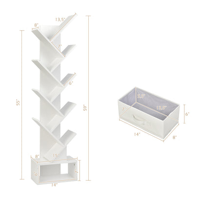 10-Tier Tree Bookshelf with Drawer Free-standing Storage Bookcase-White